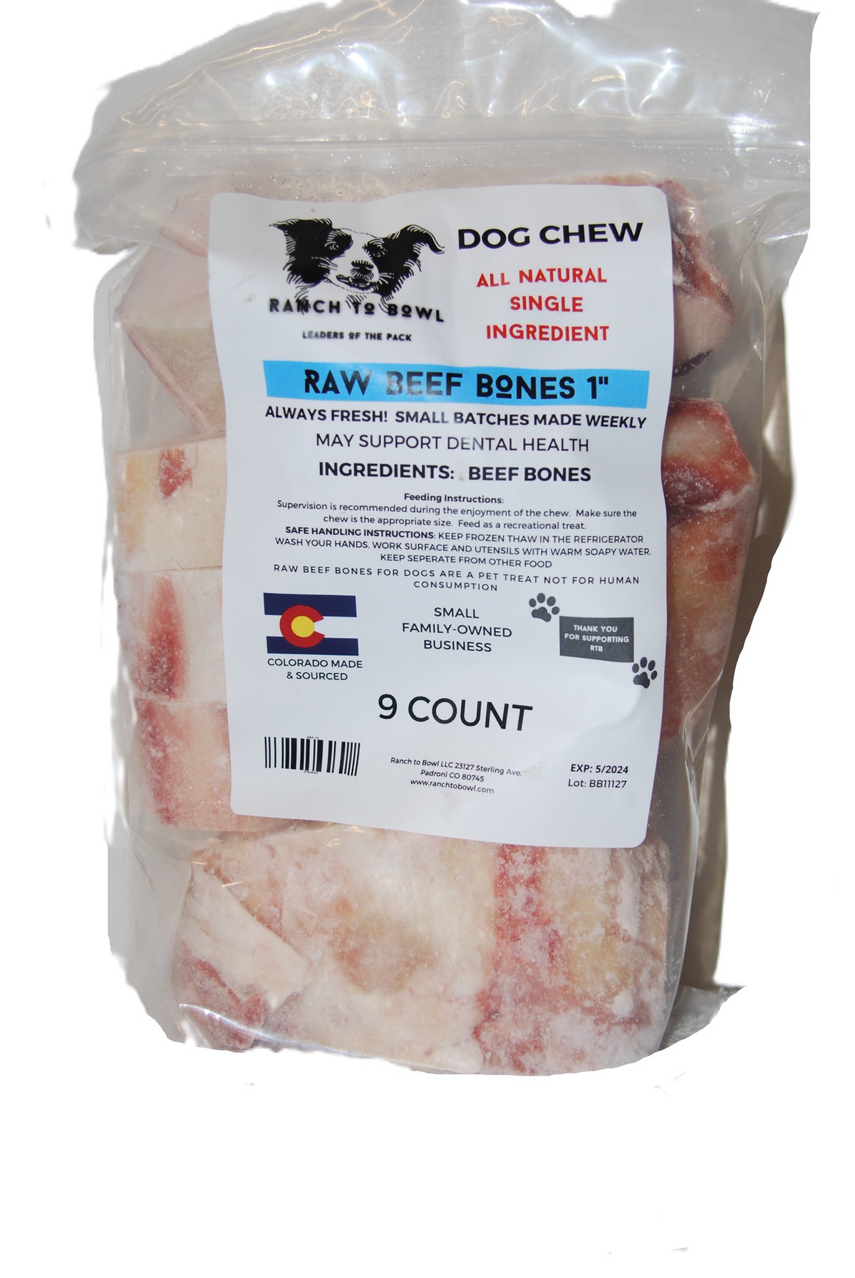 Ranch to Bowl Raw Frozen Beef Bones 1" - 9 Pack