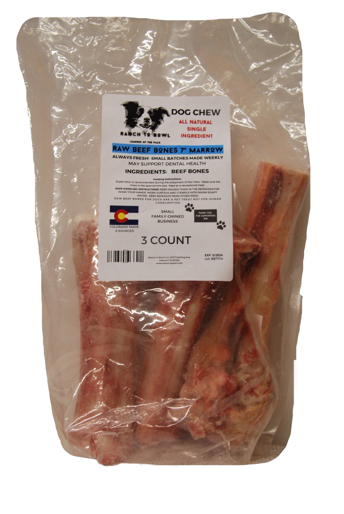 Ranch to Bowl Raw Frozen Beef Marrow Bones 7" - 3 pack
