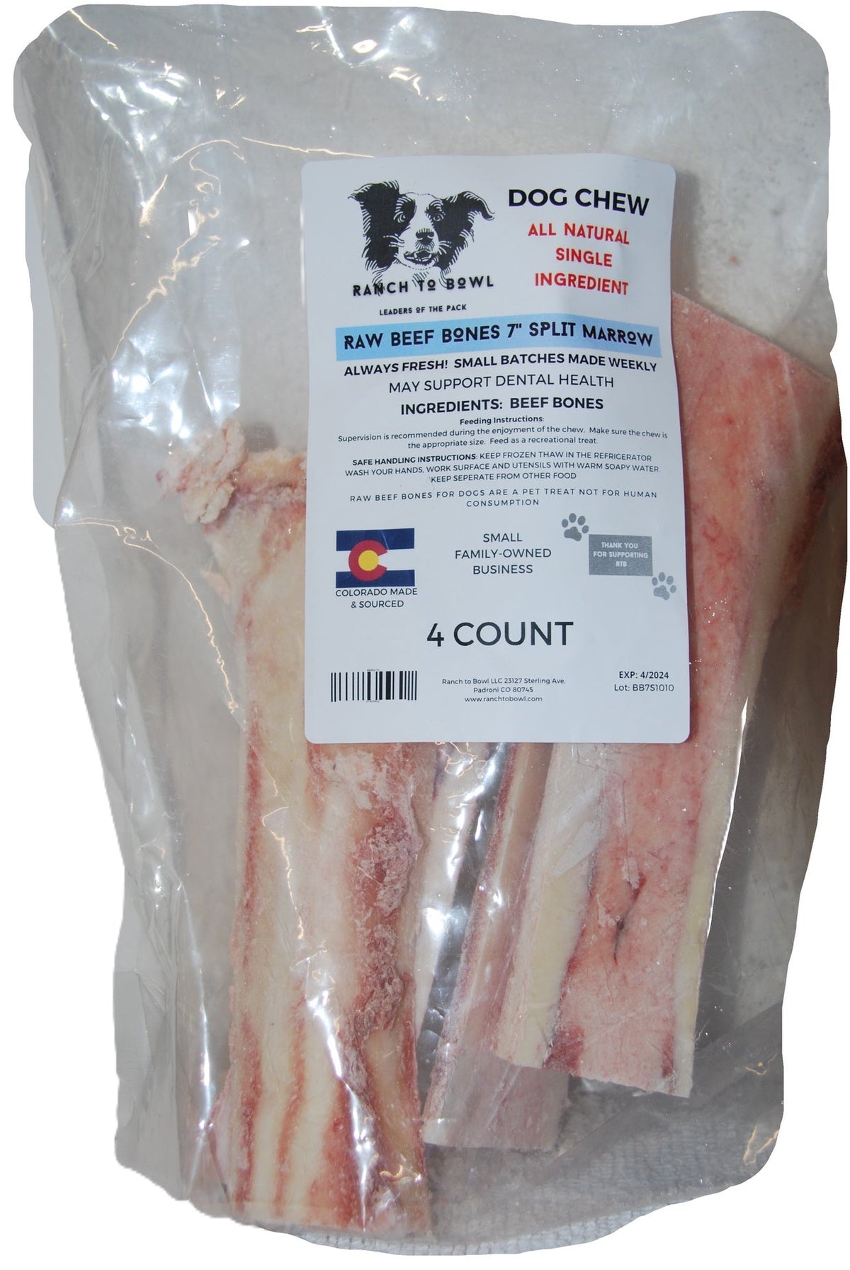 Ranch to Bowl Raw Frozen Split Beef Marrow Bones 7" - 4 pack