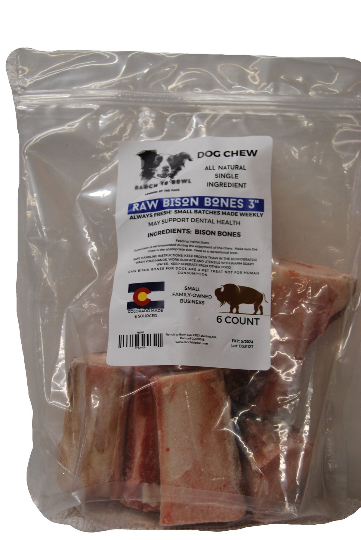 Ranch to Bowl Raw Frozen Bison Bones 3"- 6 pack