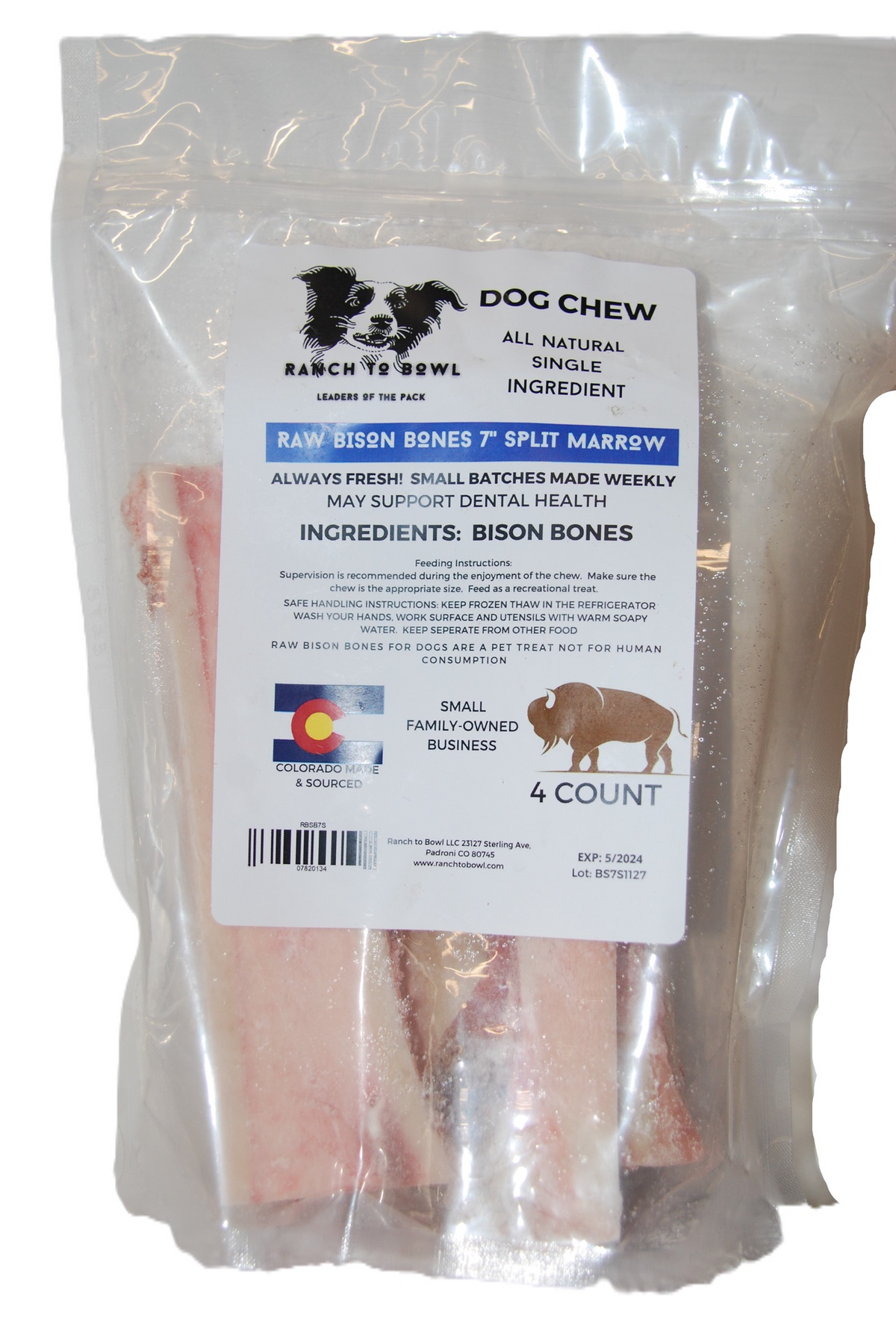 Ranch to Bowl Raw Frozen Split Bison Marrow Bones 7"- 4 Pack