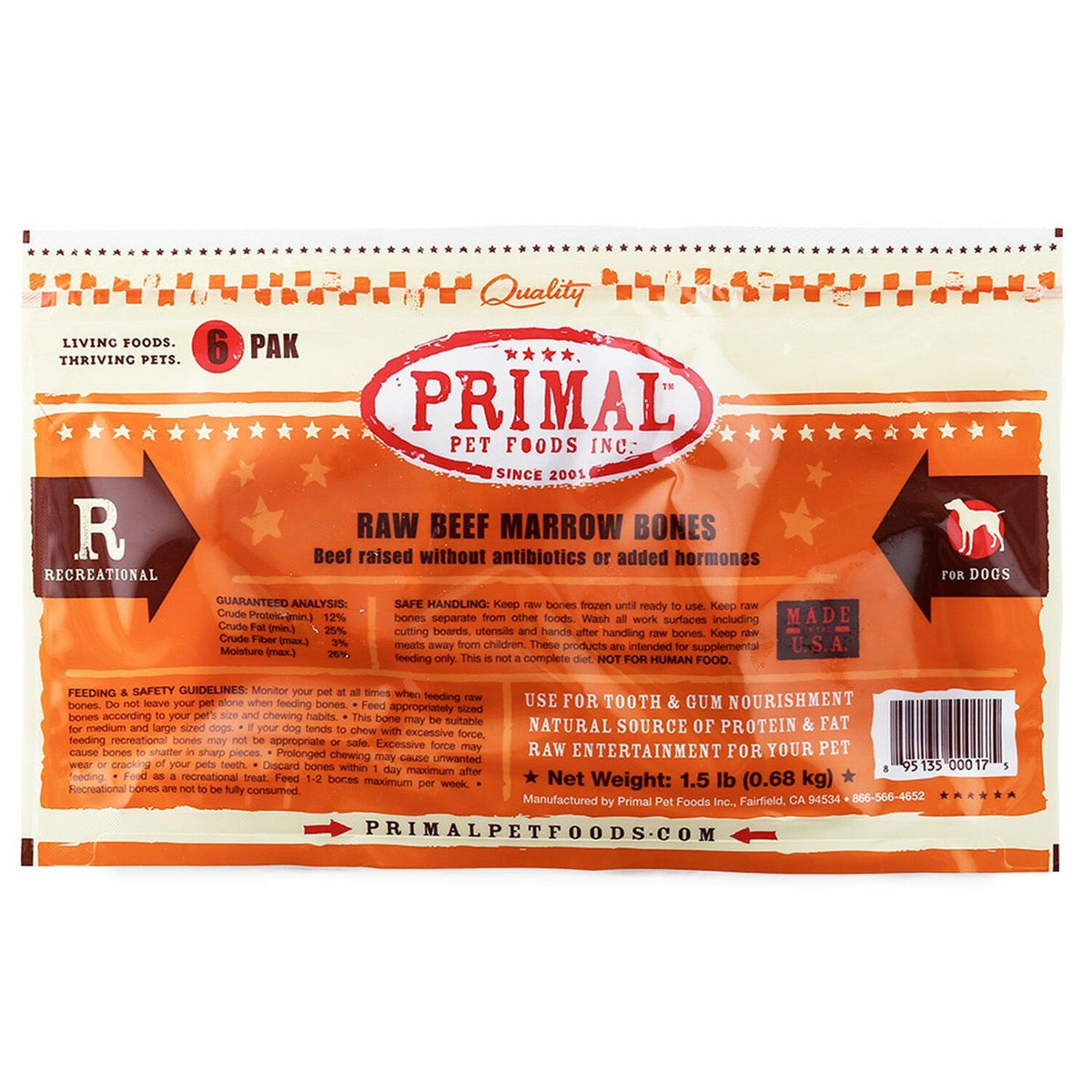 Primal Dog Food Bone MRW BUF 2" 6 Count