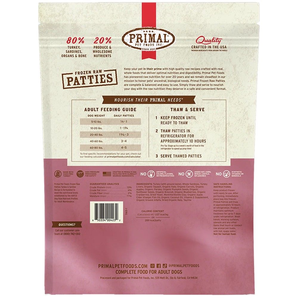 Primal Dog Food PAT Turkey Sardine 18 lb